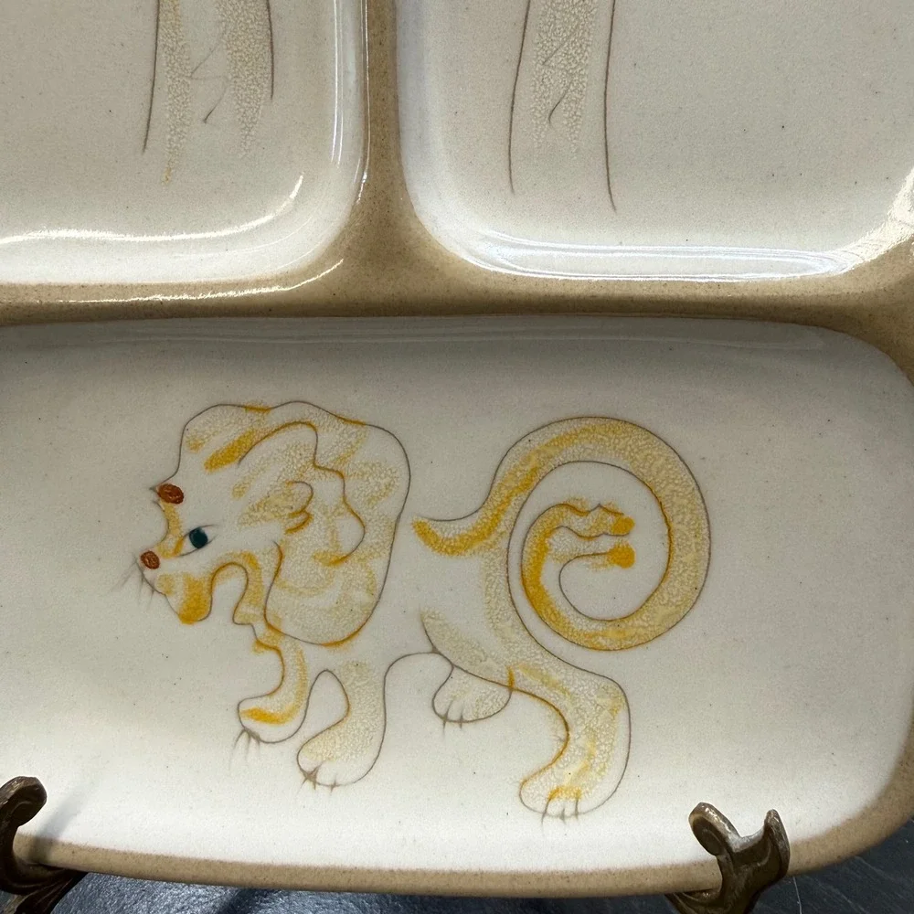 VTG 50's Glidden Pottery 300 Divided Tray Lion Palm Tree‎ MCM Circus Server Dish